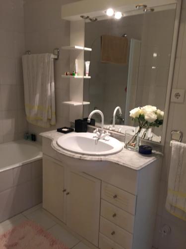 a bathroom with a sink and a mirror and a tub at Casa na Praia in Póvoa de Varzim
