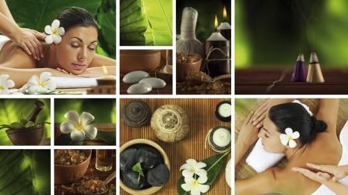 a collage of photos with a woman getting a massage at Grand Hotel Del Mare Resort & Spa in Bordighera