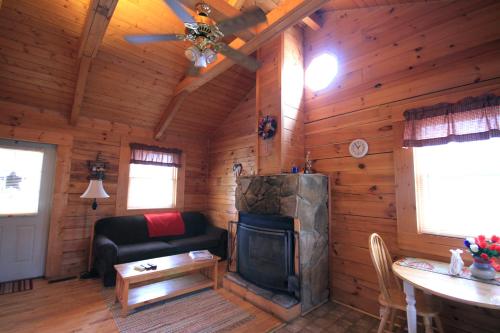 a living room with a fireplace in a log cabin at Country Road Cabins in Hico