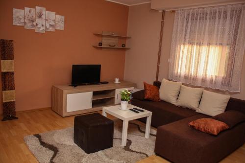 a living room with a couch and a tv at Studio apartman T&I in Ogulin