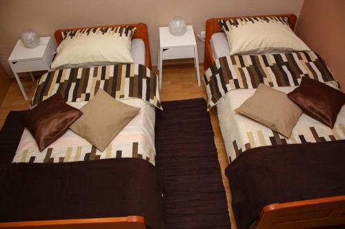 two beds sitting next to each other in a room at Studio apartman T&I in Ogulin