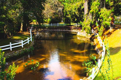a bridge over a river in a park at Hotel Platanus in Campos do Jordão