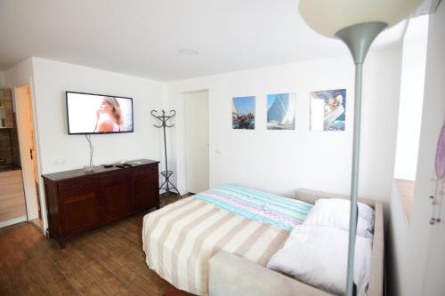a bedroom with a bed and a tv on the wall at Apartment Bea with FREE BIKE and BIKE STORAGE in Koper