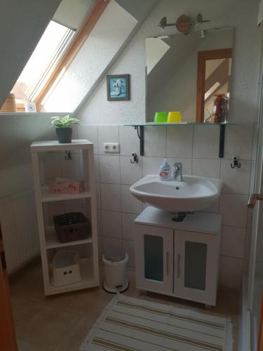 ein Bad mit einem Waschbecken und einem Spiegel in der Unterkunft Gästehaus Alwine Wohnung 6 in Grömitz