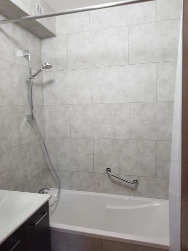 a bathroom with a shower with a white tub at MV Vacances in Les Rousses