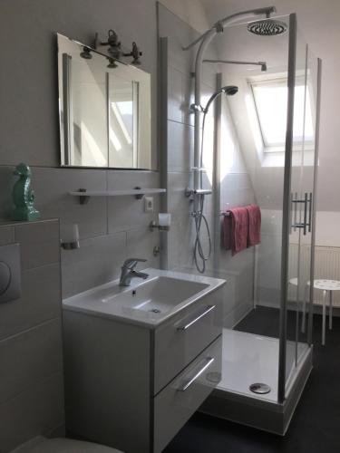 a bathroom with a sink and a shower at Pension Graef in Cochem