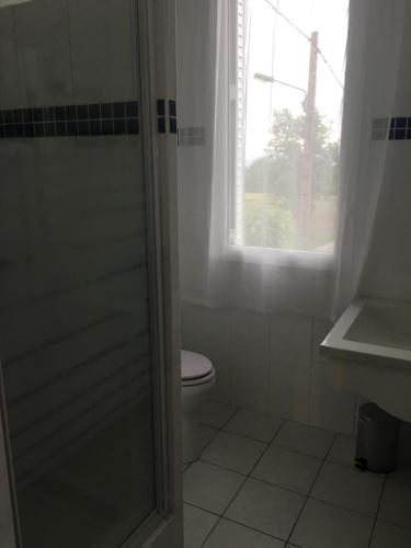 La salle de bains est pourvue d'une douche, de toilettes et d'une fenêtre. dans l'établissement Domaine du Valromey, à Champagne-en-Valromey