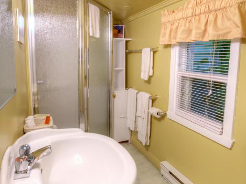 a bathroom with a white sink and a shower at Auberge Baker in Chateau Richer