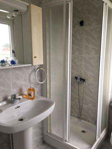 a bathroom with a sink and a shower at Xabarin Apartment in Abadín