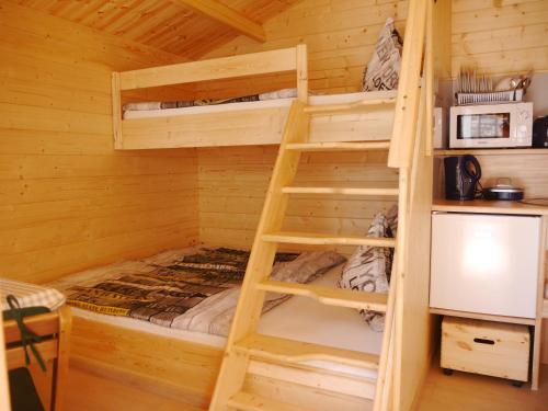 1 dormitorio con literas en una cabaña de madera en Villa Sperlingslust, en Rheinsberg
