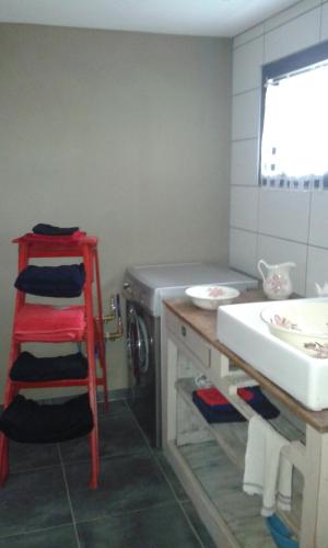 a bathroom with a sink and a washing machine at la vigneraie in Seigy