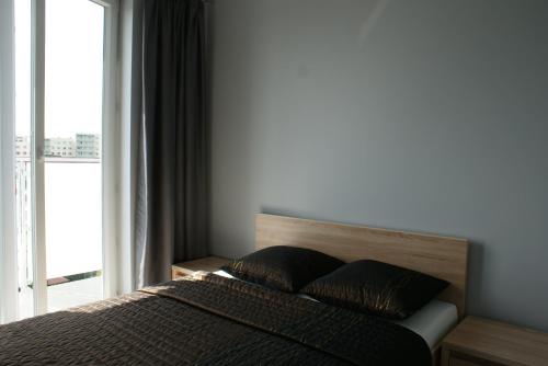 a bed with two pillows in a bedroom with a window at Caroline Street nine in Katowice