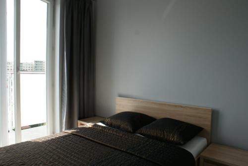 カトヴィツェにあるCaroline Street nineの窓付きのベッドルームに枕2つ付きのベッド1台が備わります。