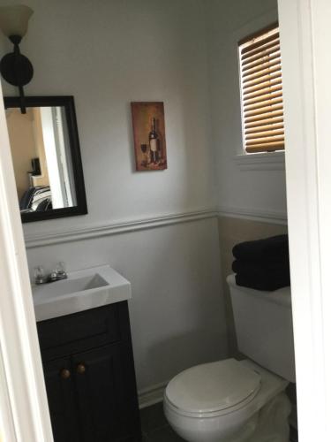 uma casa de banho com um WC, um lavatório e um espelho. em Bridgewaters Inn em Johnstown