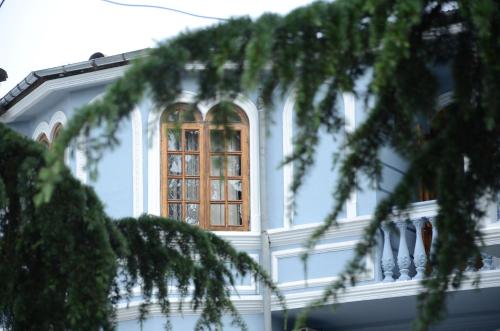 a blue building with a window and a tree at Sweet Home at Ninoshvili 3 in Batumi