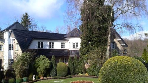 a large white house with a tree and bushes at Ferienwohnung am Eifelsteig in Roetgen