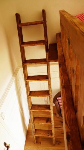 a wooden ladder leading up to a bunk bed at Adventure Hostel Interlaken in Interlaken