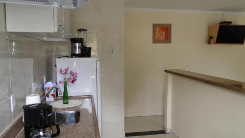 a kitchen with a refrigerator and a vase of flowers at Flats Martinez in Conservatória