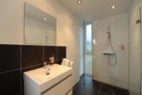 a bathroom with a white sink and a shower at Air Hotel Wartburg in Düsseldorf