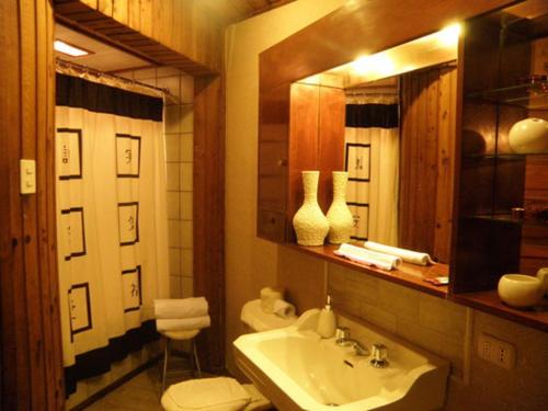 a bathroom with a sink and a toilet and a mirror at Hostal Mackay Temuco in Temuco