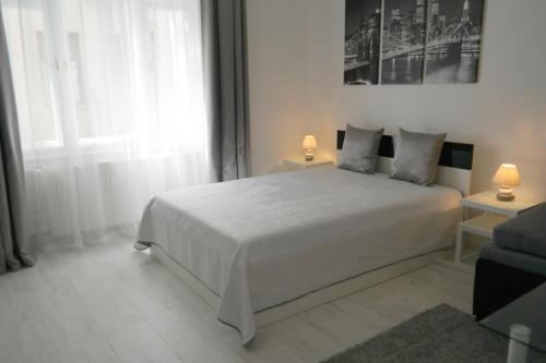 ブダペストにあるHestia Apartmentのベッドルーム(白いベッド1台、窓付)