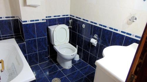 uma casa de banho em azulejos azuis com um WC e um lavatório em Lakones View House em Lákones