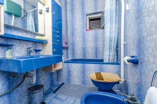 ein blaues Badezimmer mit WC und Waschbecken in der Unterkunft Rooms Roza in Vrboska