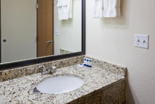 a bathroom counter with a sink and a mirror at AmericInn by Wyndham Apple Valley in Apple Valley