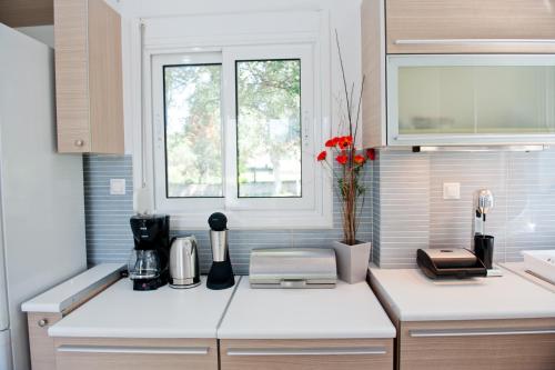 a kitchen with a white counter top with flowers on it at Villa Elena in Vourvourou