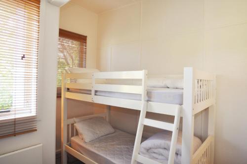 two bunk beds in a room with a window at 45 HALFORD - PET FRIENDLY in Inverloch