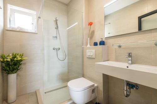 a bathroom with a shower and a toilet and a sink at Residence Delta in Cavtat