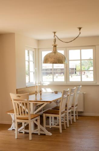 a white dining room table with chairs and a chandelier at Grüne Hufe in Born