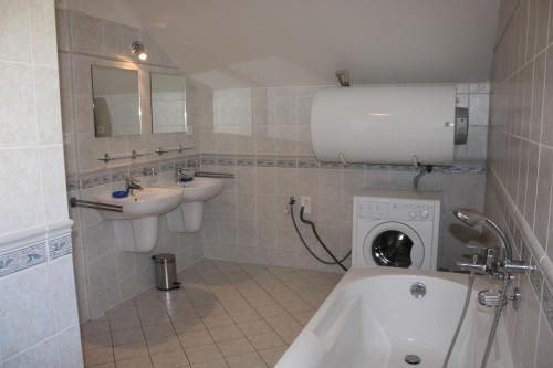 a bathroom with a sink and a washing machine at Villa Park Lipno-Lipno-In in Lipno nad Vltavou