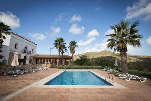 una piscina con sillas y palmeras y un edificio en Hotel Cal Naudi, en Les Cases d'Alcanar