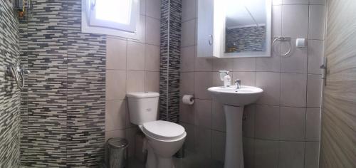 a small bathroom with a toilet and a sink at Politakis Apartment in Keramoti