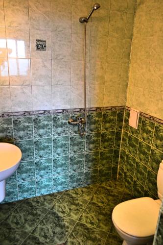 a bathroom with a shower with a toilet and a sink at Joro Guest House in Sveti Vlas