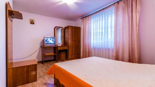 a bedroom with a bed and a tv and a window at Steaua Nordului in Tîrgu Neamţ