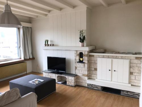 een woonkamer met een open haard en een televisie bij Appartement224 in Grimbergen