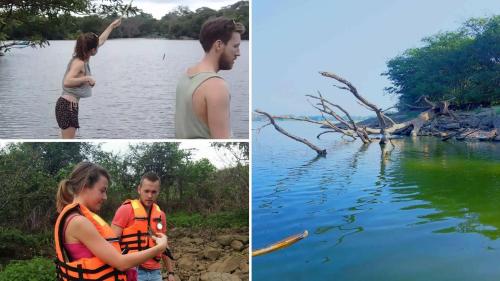 three pictures of a man and a woman standing by a lake at La Pentera in Hambegamuwa