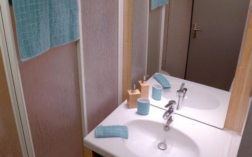 une salle de bain avec un lavabo blanc et un miroir dans l'établissement VVF Lac Léman Évian-les-Bains, à Évian-les-Bains