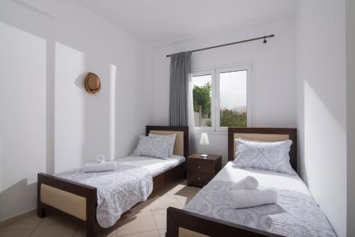 twee bedden in een kamer met een raam bij Casa Di Giovani in Kokkíni Khánion