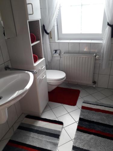 a bathroom with a sink and a toilet and a window at Ferienwohnung Gogelhopf in Unterschneidheim
