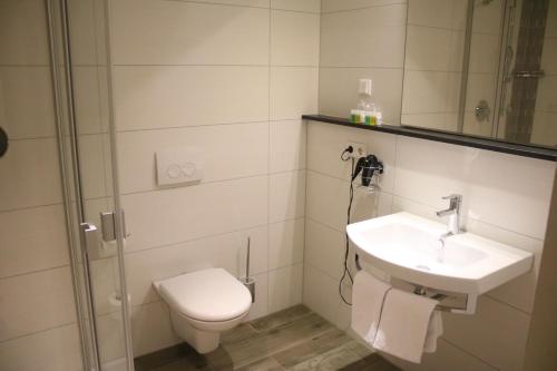 a white toilet sitting next to a sink in a bathroom at Boutique Hotel zur Post in Vohburg an der Donau
