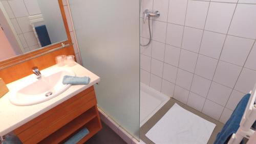 La salle de bains est pourvue d'un lavabo et d'une douche. dans l'établissement VVF Alsace Orbey Colmar, à Orbey