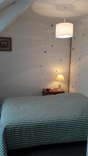um quarto com uma cama e uma parede com estrelas em Le Beau Verger em Le Mans