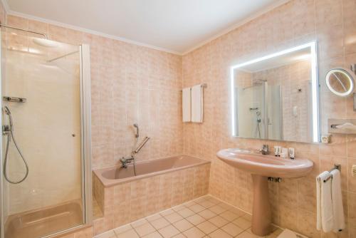 a bathroom with a shower and a sink and a tub at Eden au Lac in Echternach