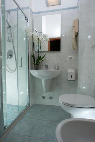 a bathroom with a sink and a toilet and a shower at Hotel Alsen in Rimini