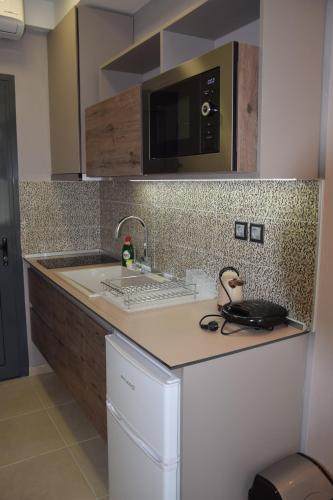 a kitchen with a sink and a microwave at Katrin Luxury Studios in Nea Moudania