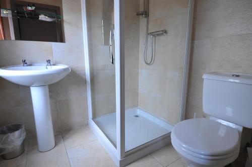 a bathroom with a shower and a toilet and a sink at The Orchard Hotel in Falkirk