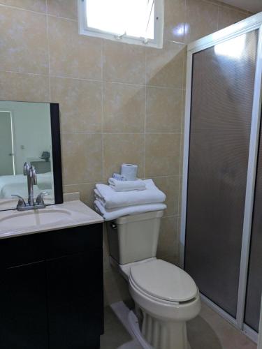 a bathroom with a toilet and a sink and a shower at Hotel Awazul Bacalar in Bacalar